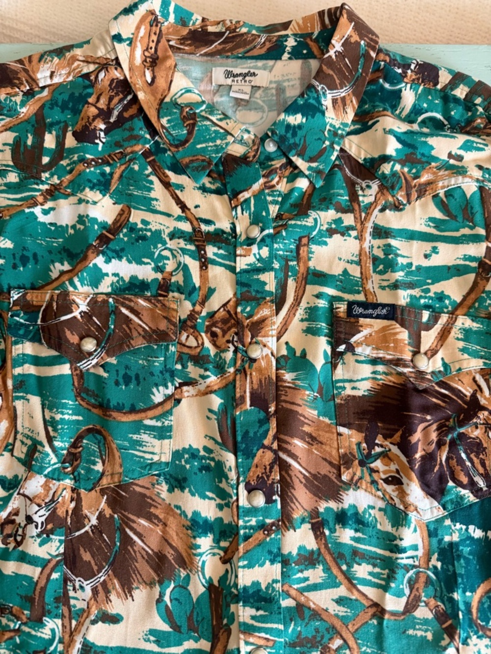 Wrangler Teal and Brown Western Print Short-Sleeve Shir
